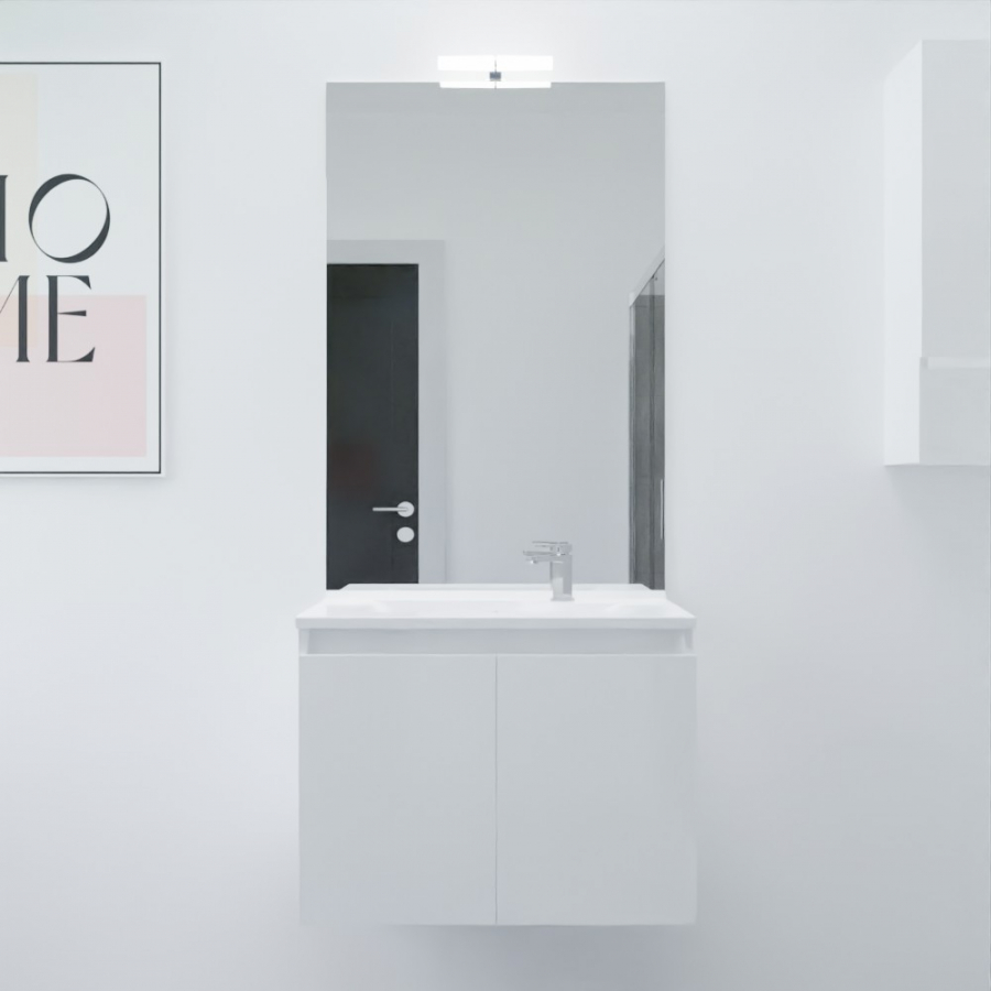 Ensemble salle de bain Proline 70 cm avec meuble blanc plan vasque 70 cm x 46 cm en résine et miroir avec applique Mircoline