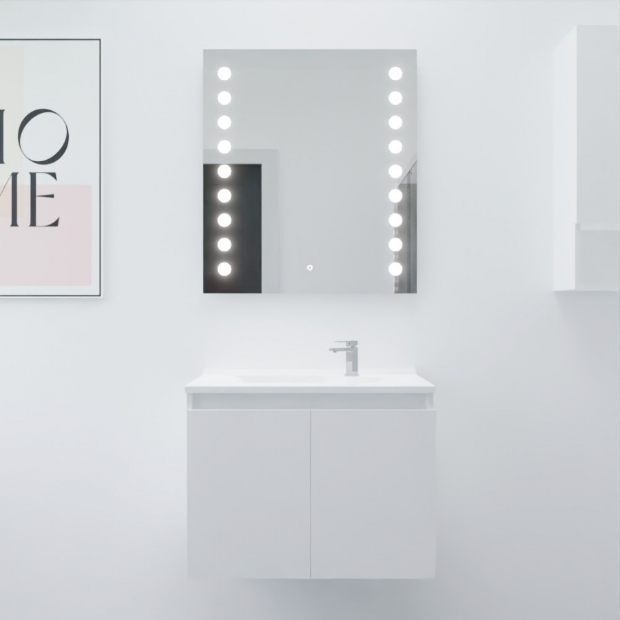 Ensemble salle de bain Proline 70 cm avec meuble blanc plan vasque 70 cm x 46 cm en résine et miroir rétroéclairé starled
