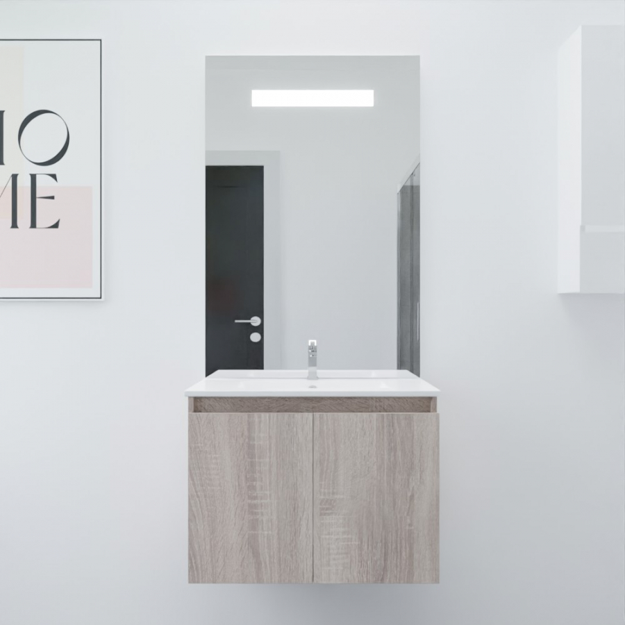Ensemble salle de bain Proline 70 cm avec meuble coloris bois plan vasque 70 cm x 46 cm en céramique et miroir avec bandeau LED intégré élegance grand hauteur