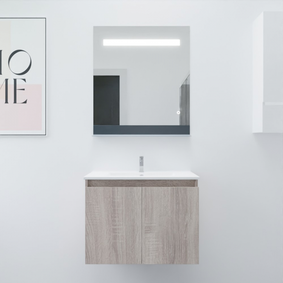Ensemble salle de bain Proline 70 cm avec meuble coloris bois plan vasque 70 cm x 46 cm en céramique et miroir avec bandeau LED et tablette de rangement Etal