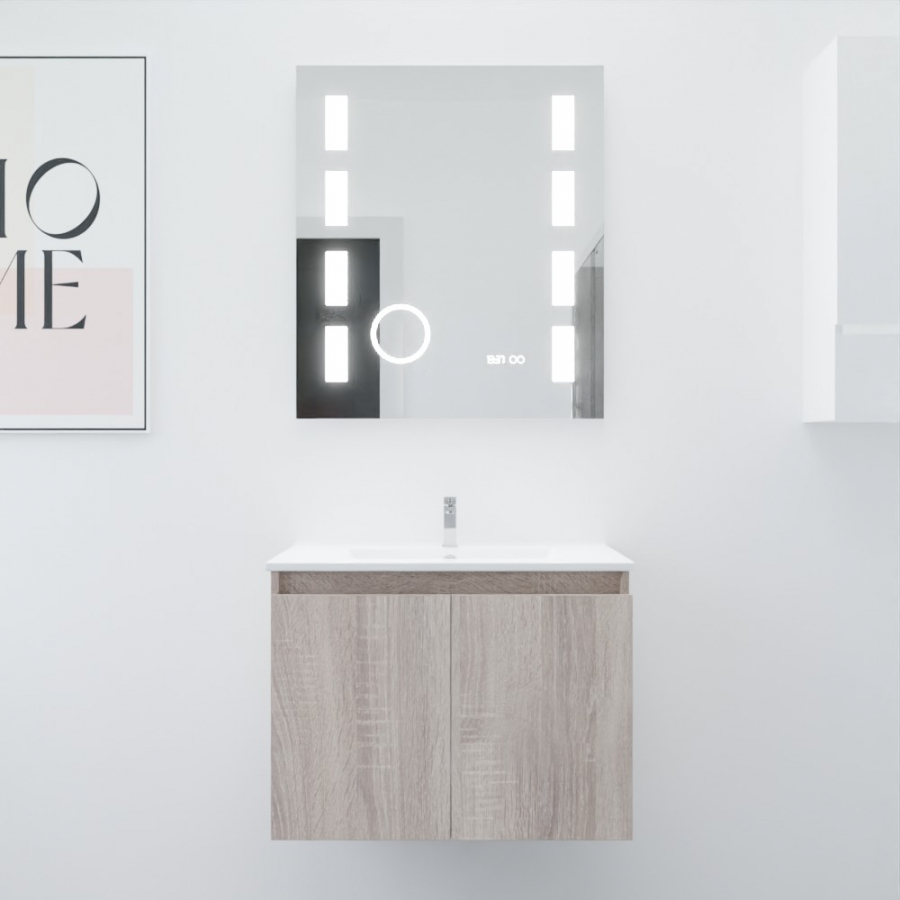 Ensemble salle de bain Proline 70 cm avec meuble coloris bois plan vasque 70 cm x 46 cm en céramique et miroir rétroéclairé Excellence