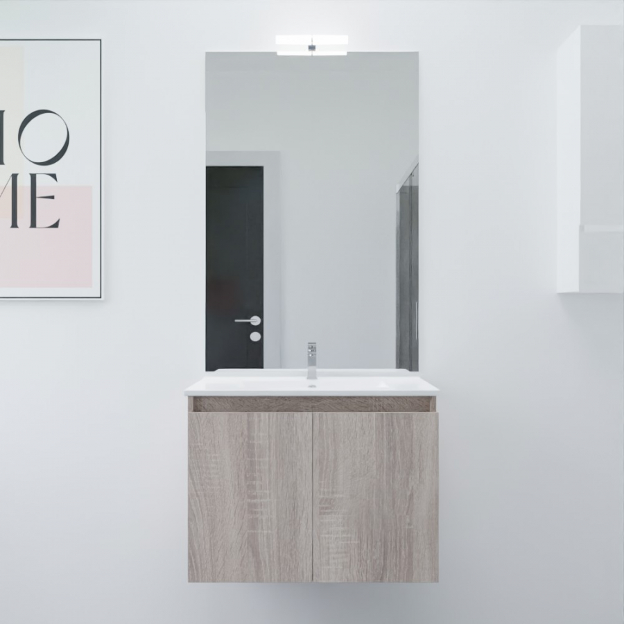 Ensemble salle de bain Proline 70 cm avec meuble coloris bois plan vasque 70 cm x 46 cm en céramique et miroir avec applique Mircoline 