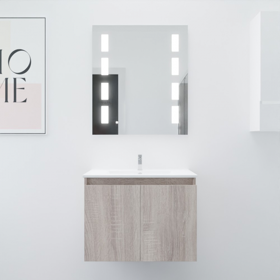 Ensemble salle de bain Proline 70 cm avec meuble coloris bois plan vasque 70 cm x 46 cm en céramique et miroir rétroéclairé Prestige