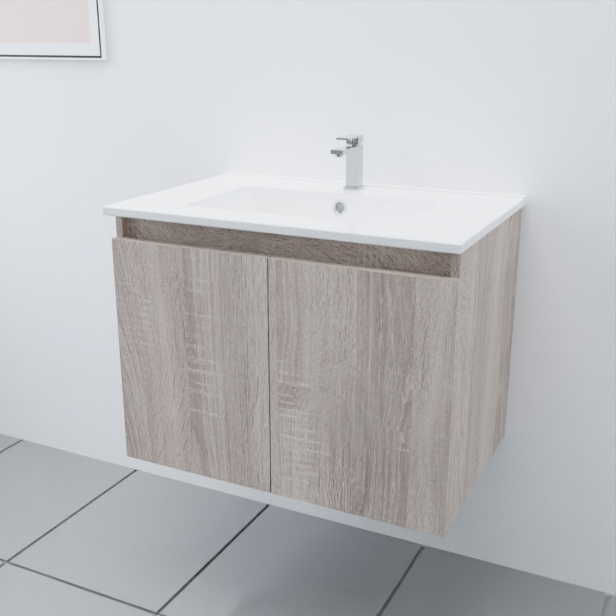 Ensemble meuble salle de bain 70 cm PROLINE coloris bois cambrian oak avec plan simple vasque en céramique