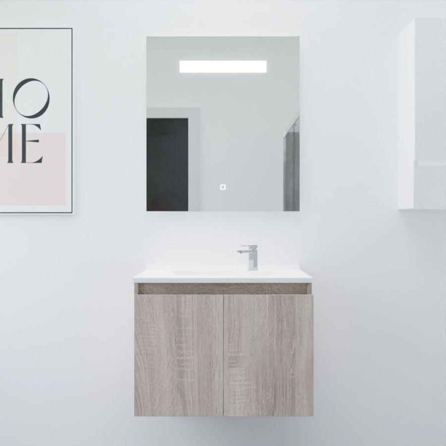 Ensemble salle de bain Proline 70 cm avec meuble coloris bois plan vasque 70 cm x 46 cm en résine et miroir avec bandeau LED intégré élegance 