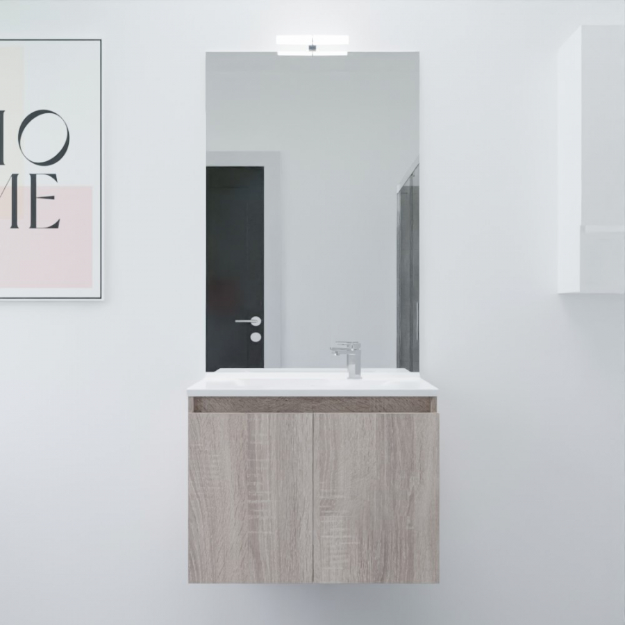 Ensemble salle de bain Proline 70 cm avec meuble coloris bois plan vasque 70 cm x 46 cm en résine et miroir avec applique Mircoline 