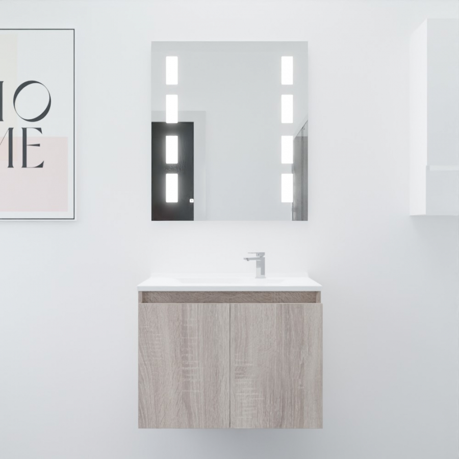 Ensemble salle de bain Proline 70 cm avec meuble coloris bois plan vasque 70 cm x 46 cm en resine et miroir rétroéclairé Prestige