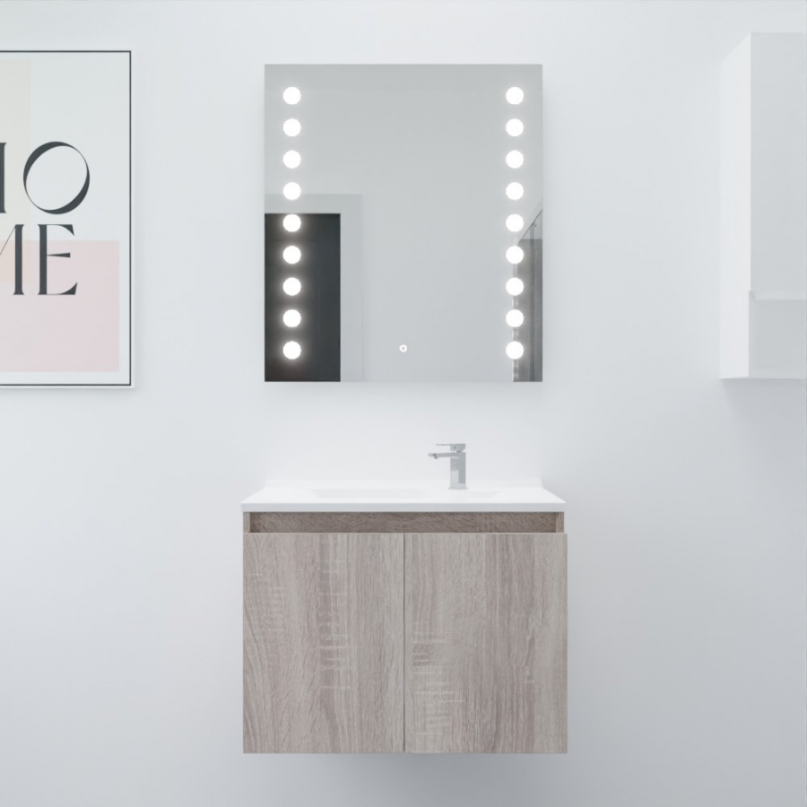 Ensemble salle de bain Proline 70 cm avec meuble coloris bois plan vasque 70 cm x 46 cm en resine et miroir rétroéclairé Starled