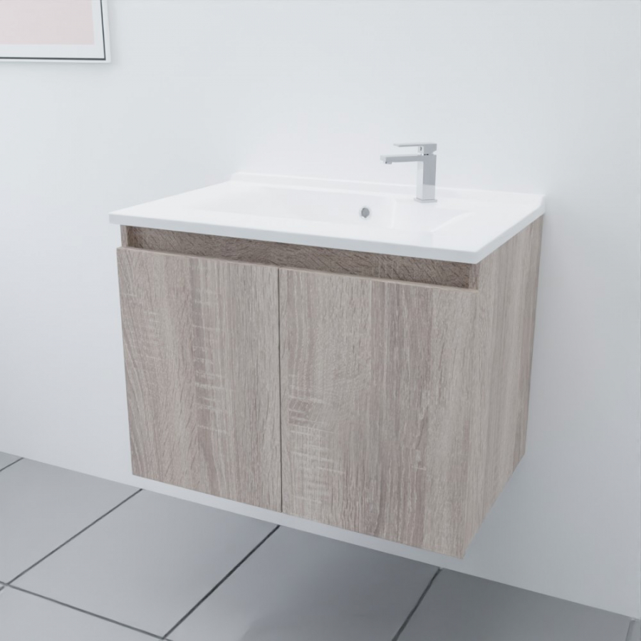 Ensemble meuble salle de bain 70 cm PROLINE coloris bois cambrian oak avec plan simple vasque en résine