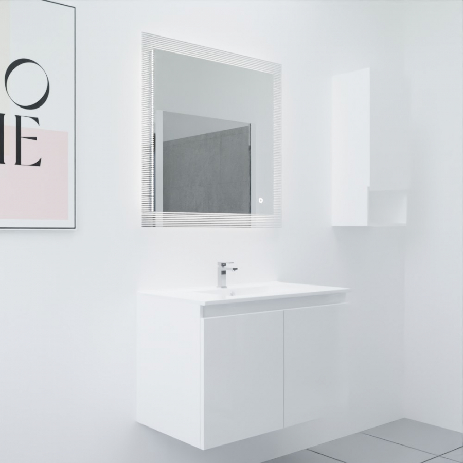 Ensemble meuble salle de bain 80 cm PROLINE coloris blanc brillant avec plan simple vasque en céramique et miroir rétroéclairé contour strié Cadrea
