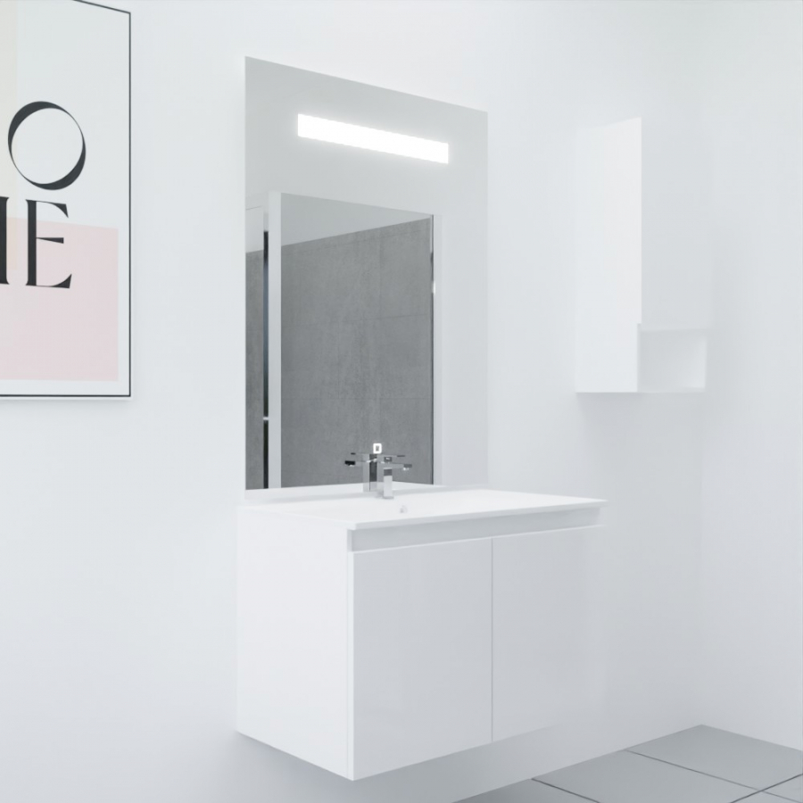 Ensemble meuble salle de bain 80 cm PROLINE coloris blanc brillant avec plan simple vasque en céramique et miroir LED Elegance hauteur 105 cm 
