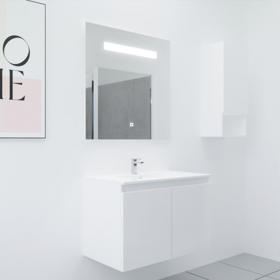 Ensemble meuble salle de bain 80 cm PROLINE coloris blanc brillant avec plan simple vasque en céramique et miroir LED élégance