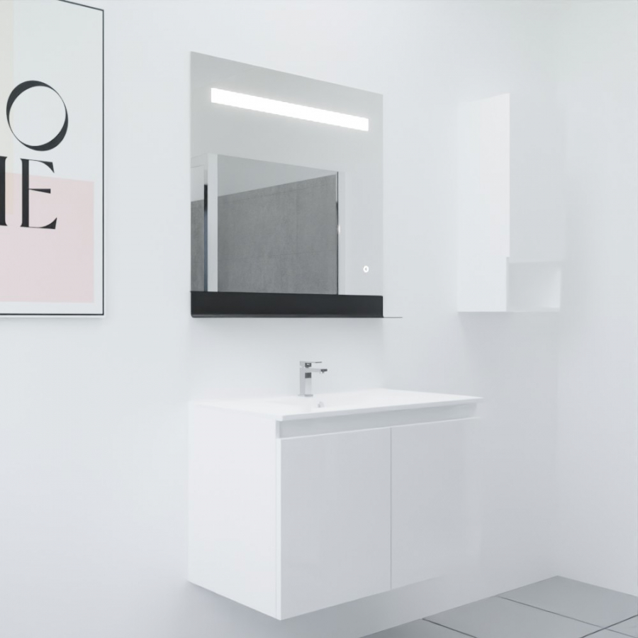 Ensemble meuble salle de bain 80 cm PROLINE coloris blanc brillant avec plan simple vasque en céramique et miroir LED avec tablette rangement noire ETAL