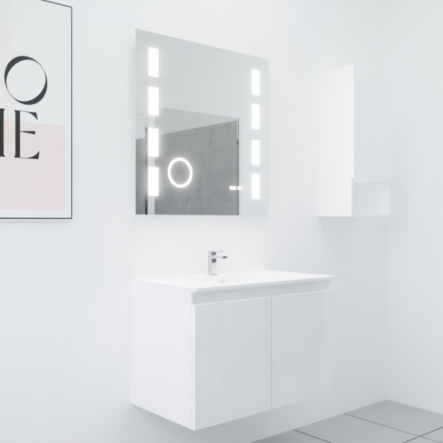 Ensemble meuble salle de bain 80 cm PROLINE coloris blanc brillant avec plan simple vasque en céramique miroir rétroéclairé Excellence