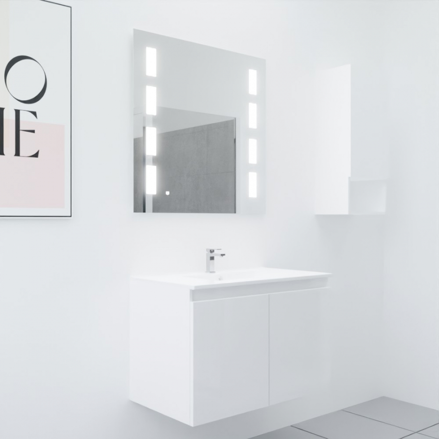 Ensemble meuble salle de bain 80 cm PROLINE coloris blanc brillant avec plan simple vasque en céramique et miroir rétroéclairé Prestige