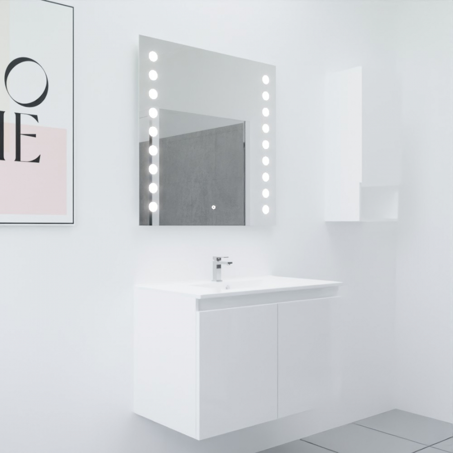 Ensemble meuble salle de bain 80 cm PROLINE coloris blanc brillant avec plan simple vasque en céramique et miroir rétroéclairé Starled