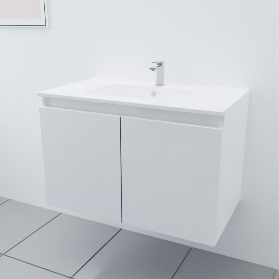 Ensemble meuble salle de bain 80 cm PROLINE blanc avec plan simple vasque en céramique