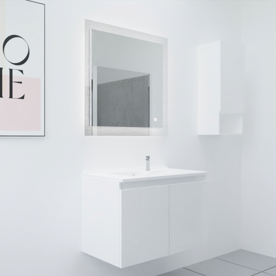 Ensemble meuble salle de bain 80 cm PROLINE coloris blanc brillant avec plan simple vasque en résine et miroir rétroéclairé contour strié Cadrea
