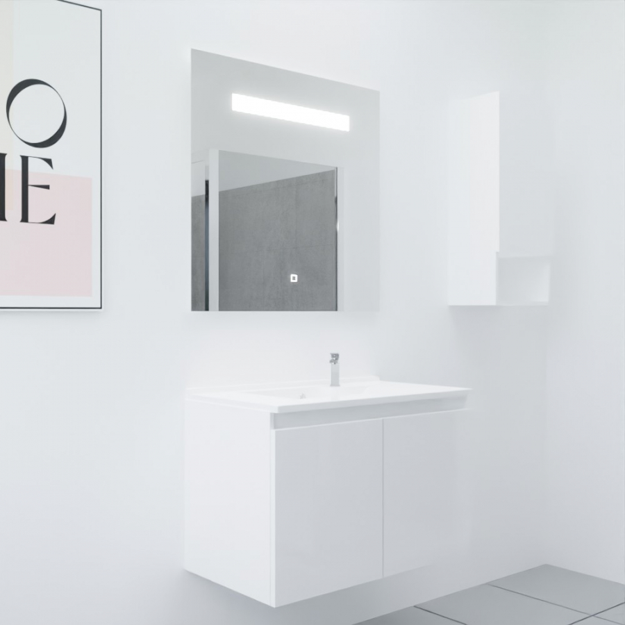 Ensemble meuble salle de bain 80 cm PROLINE coloris blanc brillant avec plan simple vasque en résine et miroir LED élégance