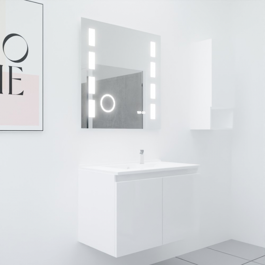 Ensemble meuble salle de bain 80 cm PROLINE coloris blanc brillant avec plan simple vasque en résine miroir rétroéclairé Excellence