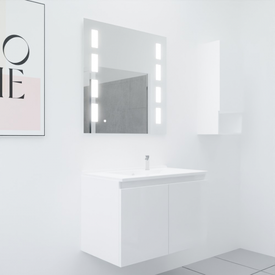 Ensemble meuble salle de bain 80 cm PROLINE coloris blanc brillant avec plan simple vasque en résine et miroir rétroéclairé Prestige