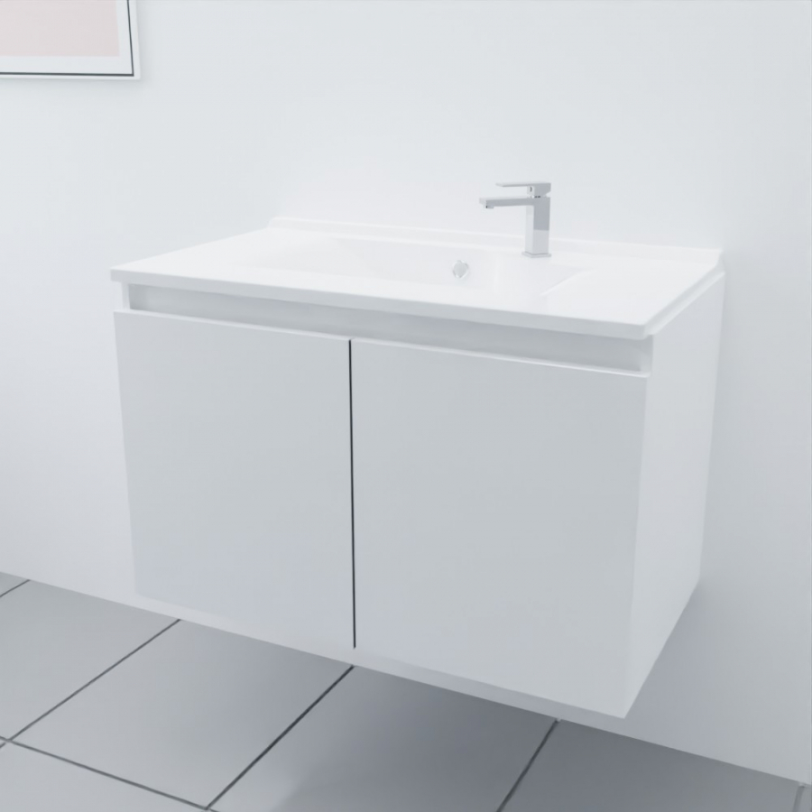 Ensemble meuble salle de bain 80 cm PROLINE blanc avec plan simple vasque en résine