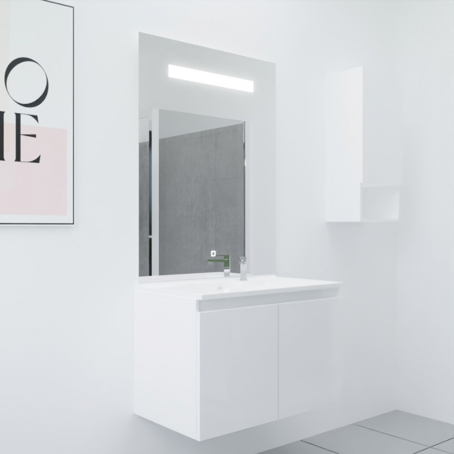 Ensemble meuble salle de bain 80 cm PROLINE coloris blanc brillant avec plan simple vasque en résine et miroir LED Elegance hauteur 105 cm 