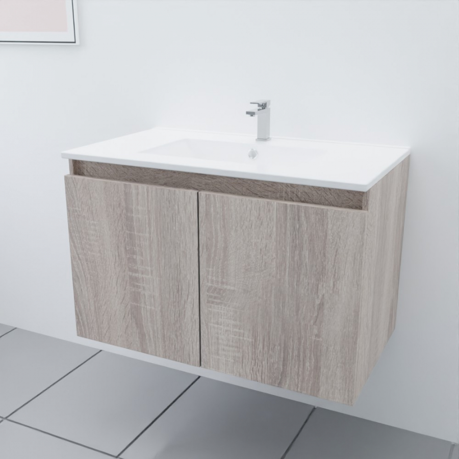 Ensemble meuble salle de bain 80 cm PROLINE coloris bois avec plan simple vasque en céramique