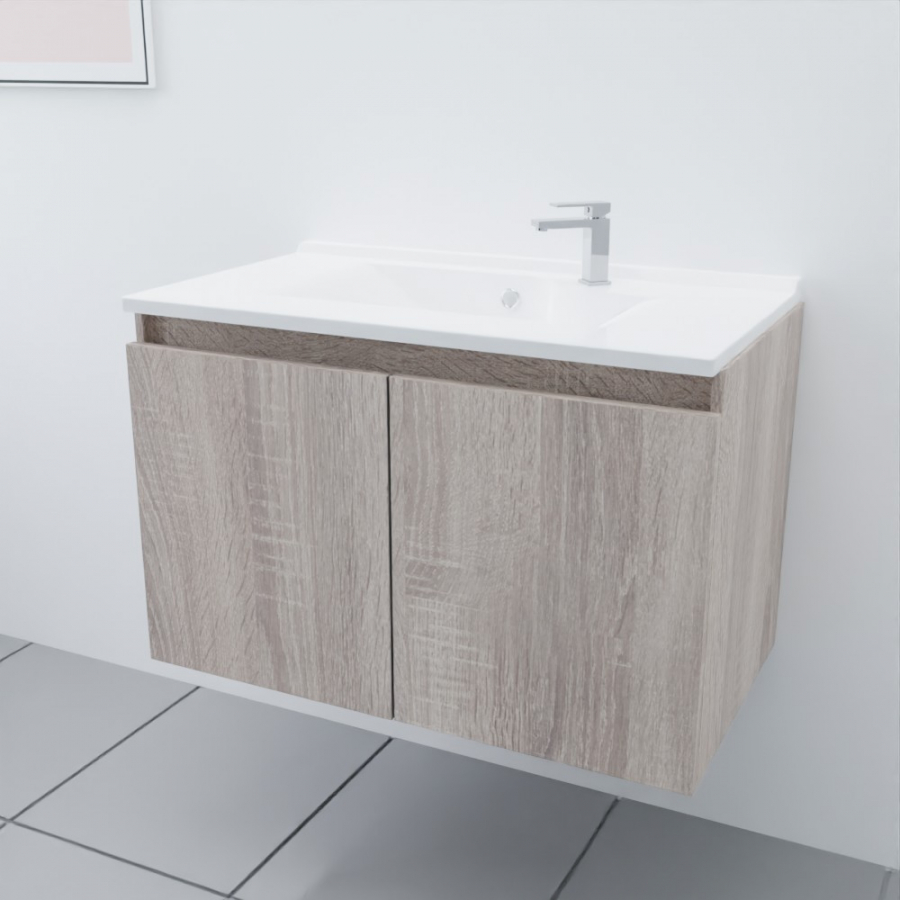 Ensemble meuble salle de bain 80 cm PROLINE coloris bois avec plan simple vasque en résine