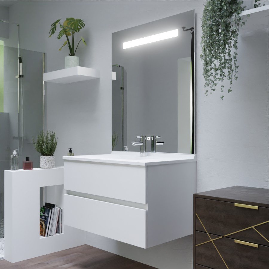 Ensemble ROMY meuble salle de bain 90 cm meuble blanc brillant avec tiroir plan vasque en résine et miroir LED Elégance grand hauteur