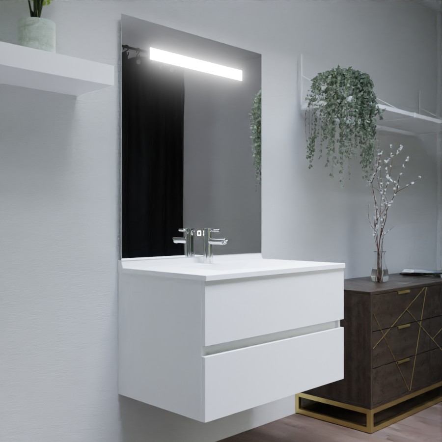 Ensemble ROMY meuble salle de bain 90 cm meuble blanc brillant avec tiroir plan vasque en résine et miroir LED Elégance grand hauteur