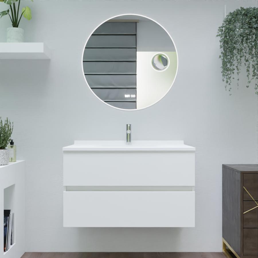 Ensemble ROMY meuble salle de bain 90 cm meuble blanc brillant avec tiroir plan vasque en résine et miroir lumineux rond Rondinara