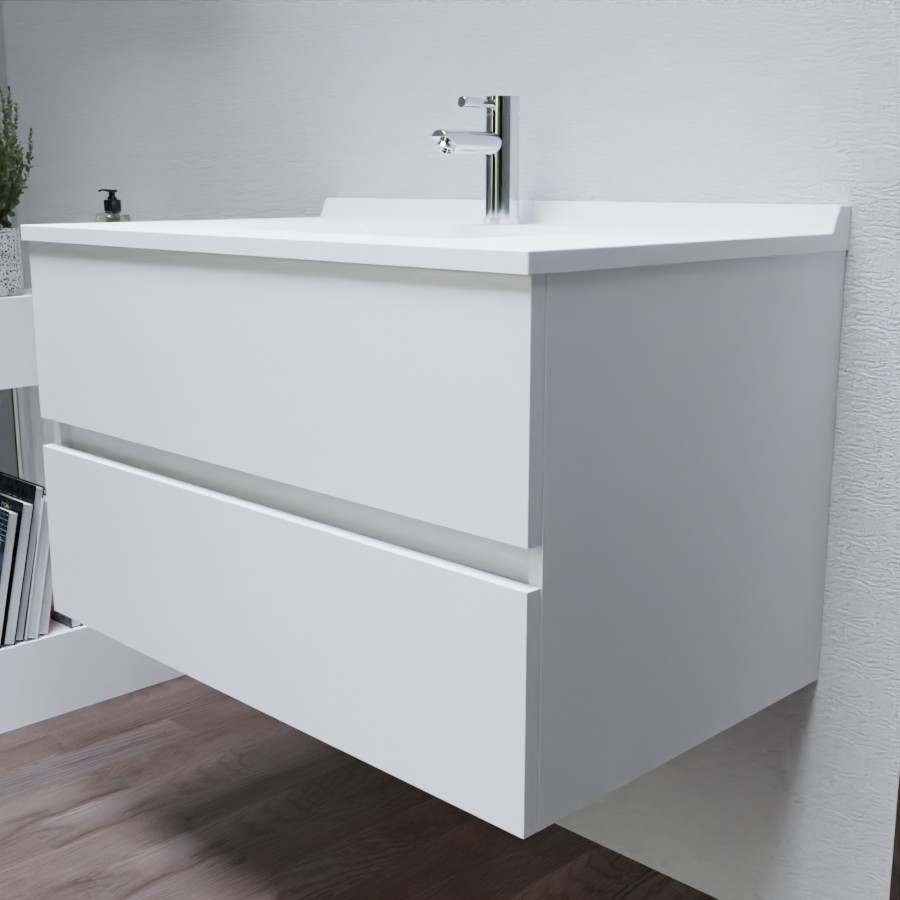 Ensemble ROMY meuble salle de bain 90 cm meuble blanc brillant avec tiroir et plan vasque