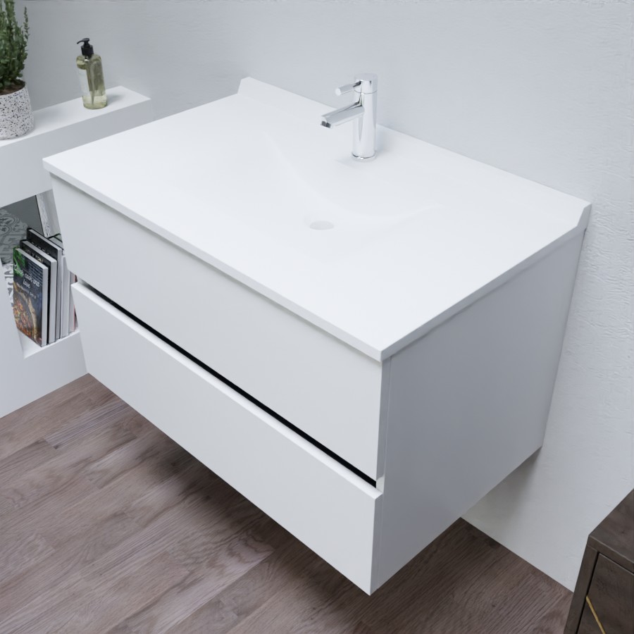 Ensemble ROMY meuble salle de bain 90 cm meuble blanc brillant avec tiroir et plan vasque