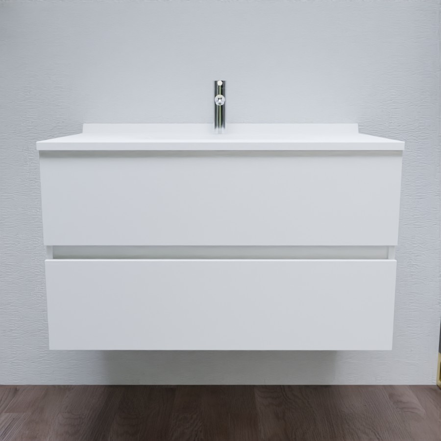 Ensemble ROMY meuble salle de bain 90 cm meuble blanc brillant avec tiroir et plan vasque