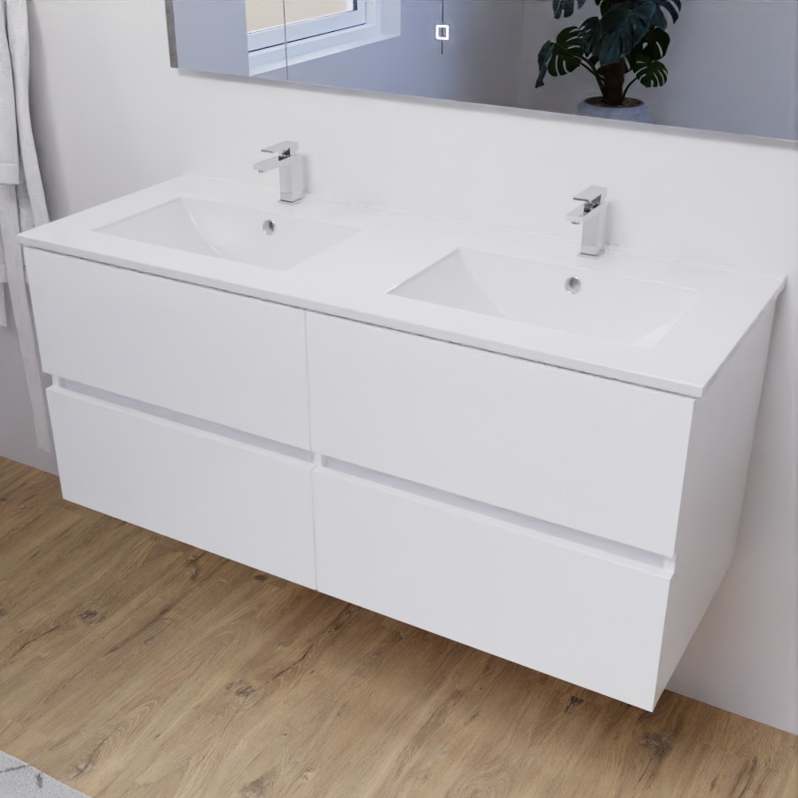 Ensemble meuble double vasque 120 cm ROSALY blanc avec plan en céramique