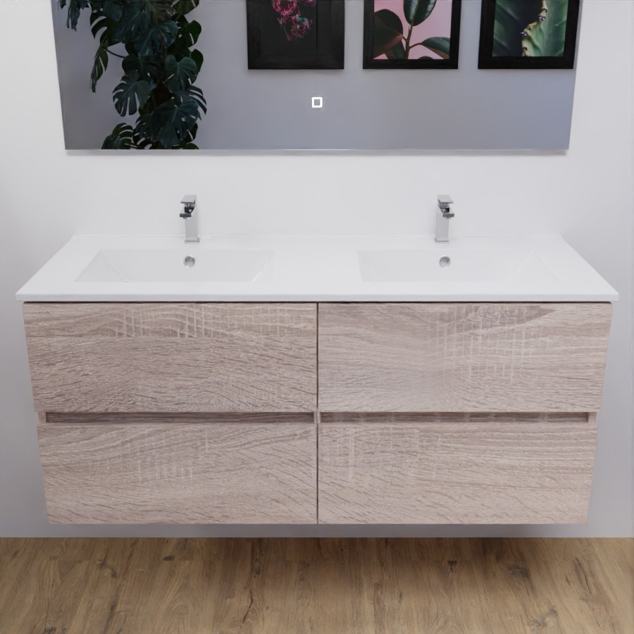 Ensemble meuble double vasque 120 cm ROSALY bois avec plan en céramique