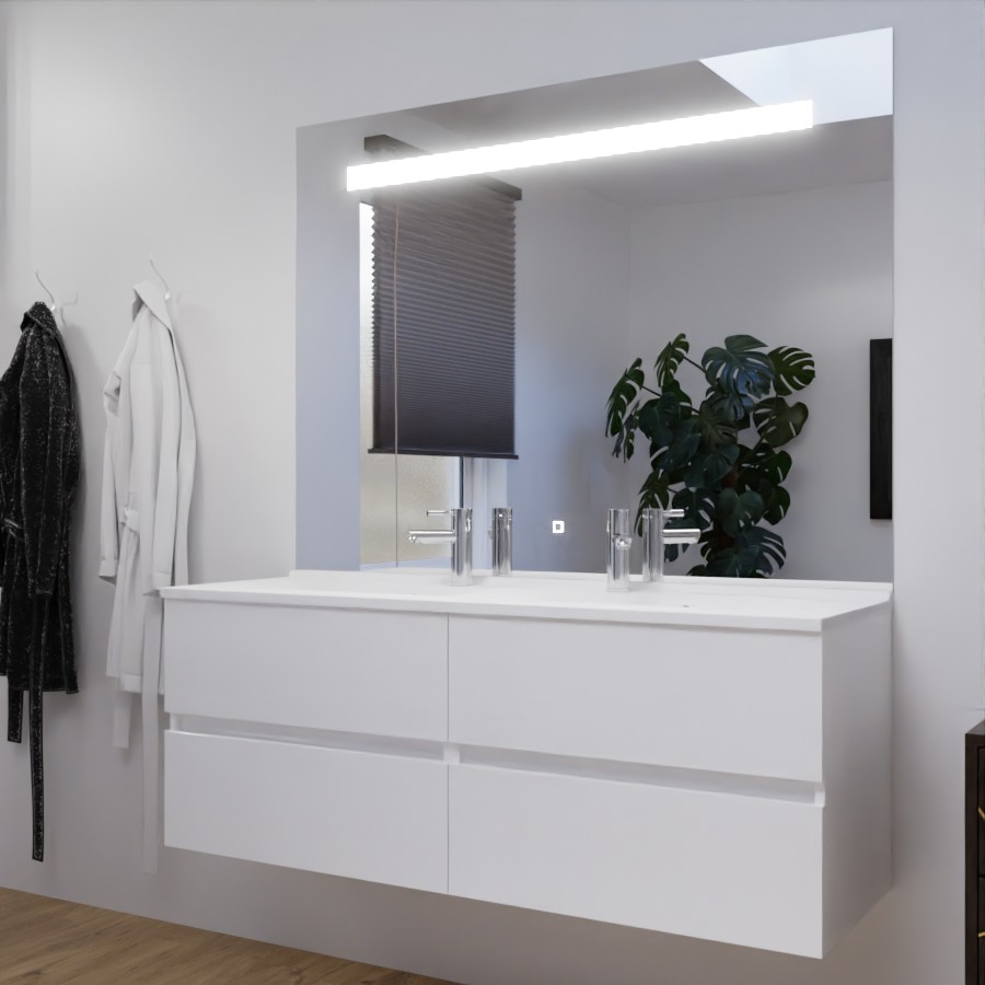 Ensemble meuble double vasque 140 cm ROSALY blanc avec miroir bandeau LED et interrupteur sensitif Elégance 140 cm x 105 cm