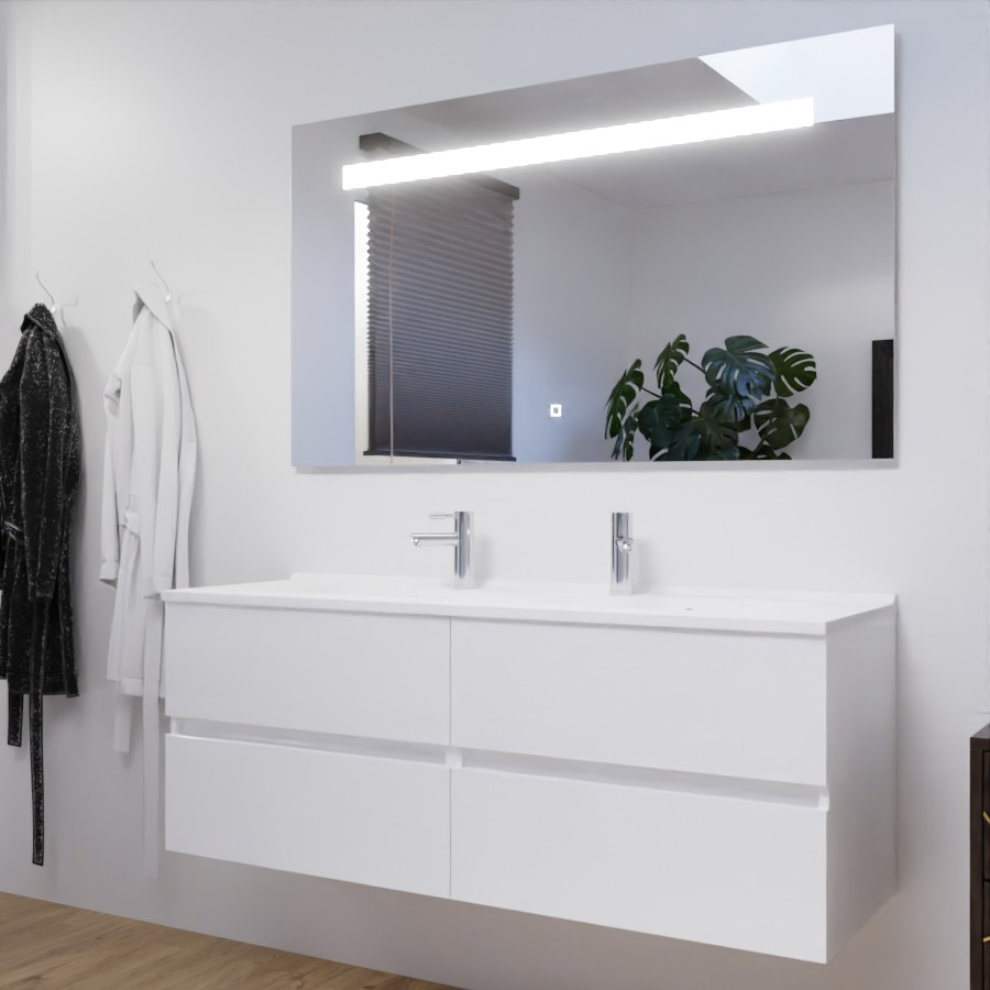 Ensemble meuble double vasque 140 cm ROSALY blanc avec miroir bandeau LED et interrupteur sensitif Elégance 140 cm x 80 cm