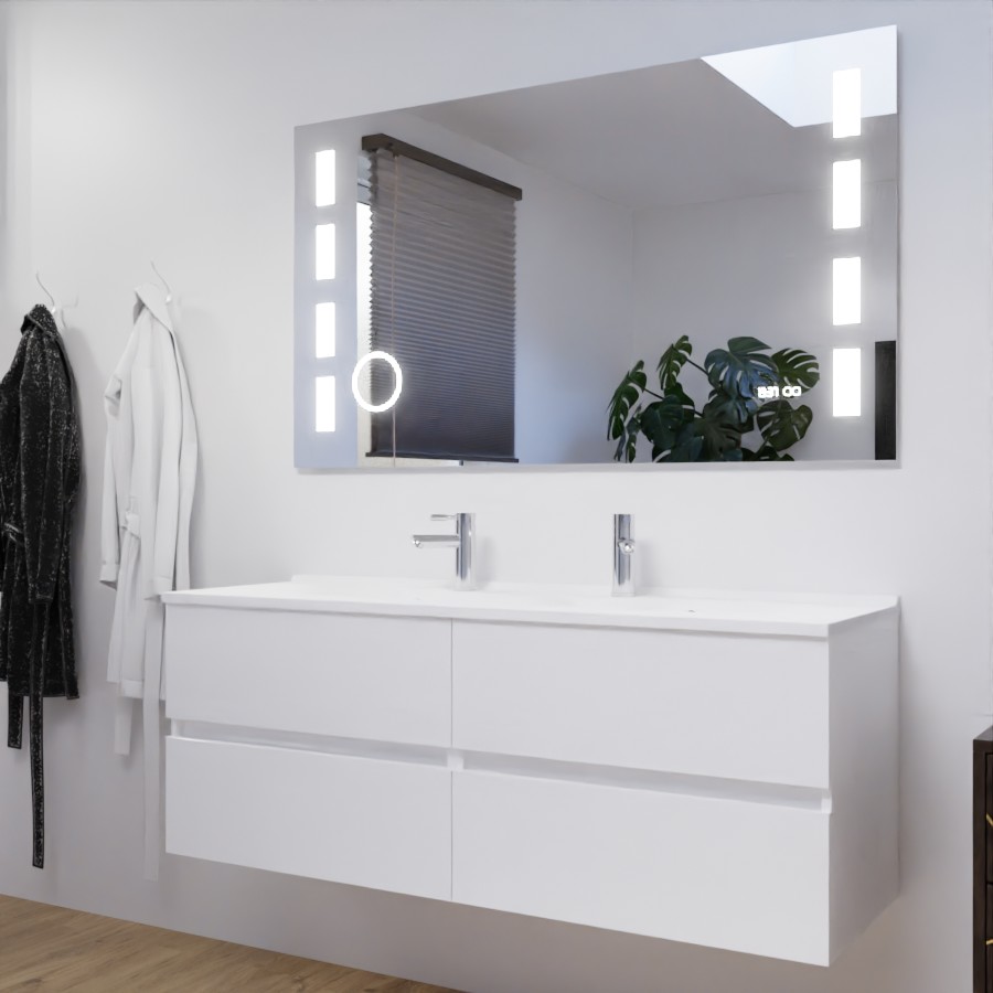 Ensemble meuble double vasque 140 cm ROSALY blanc avec miroir bandeau LED et interrupteur sensitif Excellence 140 cm x 80 cm