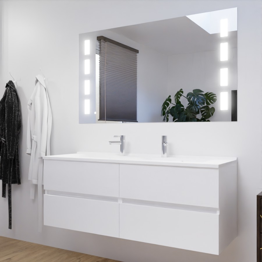 Ensemble meuble double vasque 140 cm ROSALY blanc avec miroir bandeau LED et interrupteur sensitif Prestige 140 cm x 80 cm