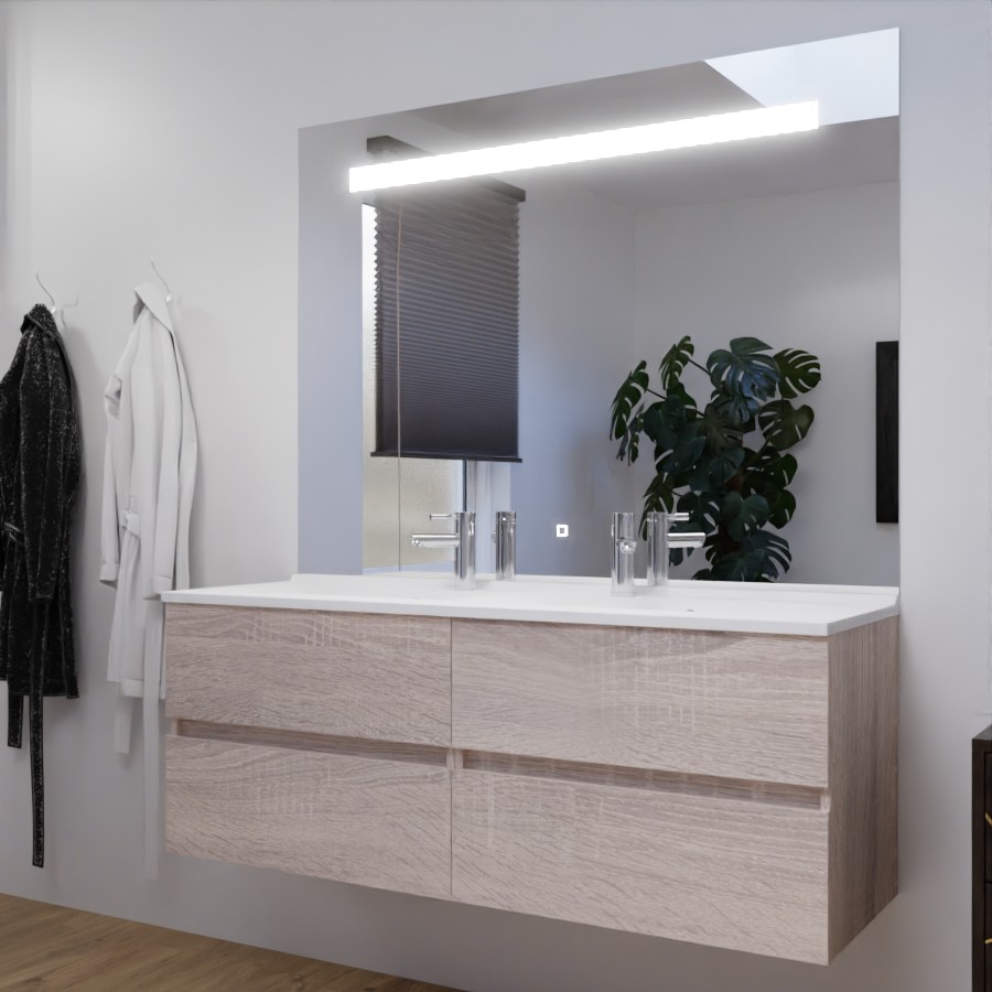 Ensemble meuble double vasque 140 cm ROSALY coloris bois cambrian oak avec miroir bandeau LED et interrupteur sensitif Elégance 140 cm x 105 cm