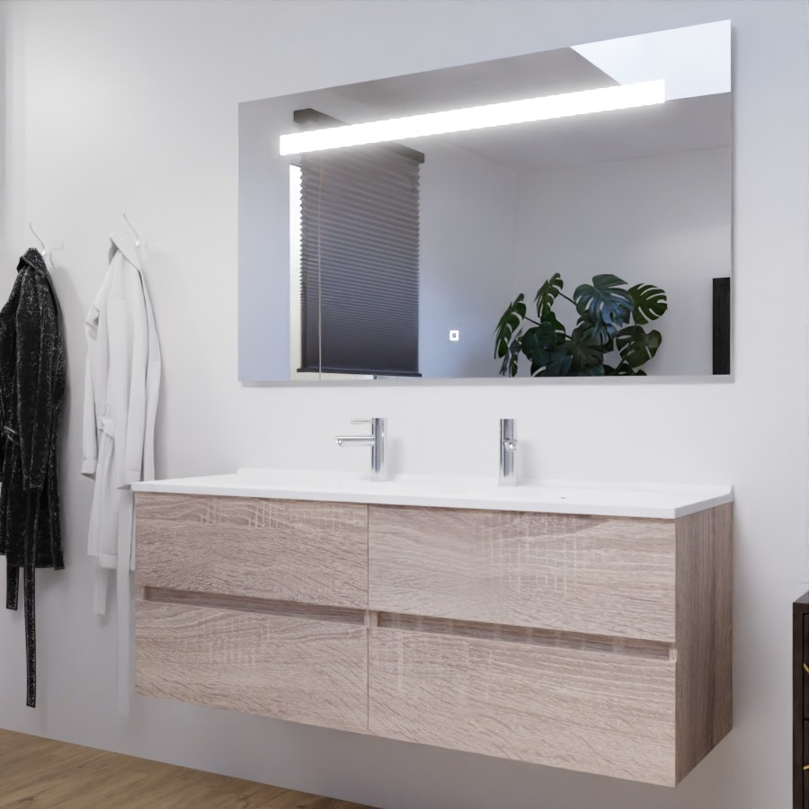 Ensemble meuble double vasque 140 cm ROSALY coloris bois cambrian oak avec miroir bandeau LED et interrupteur sensitif Elégance 140 cm x 80 cm