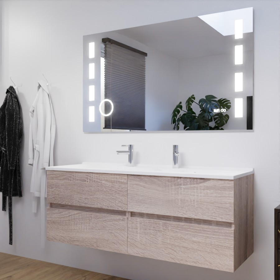 Ensemble meuble double vasque 140 cm ROSALY coloris bois cambrian oak avec miroir bandeau LED et interrupteur sensitif Excellence 140 cm x 80 cm