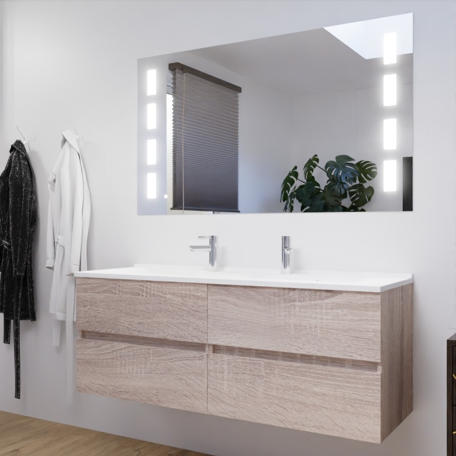 Ensemble meuble double vasque 140 cm ROSALY coloris bois cambrian oak avec miroir bandeau LED et interrupteur sensitif Prestige 140 cm x 80 cm