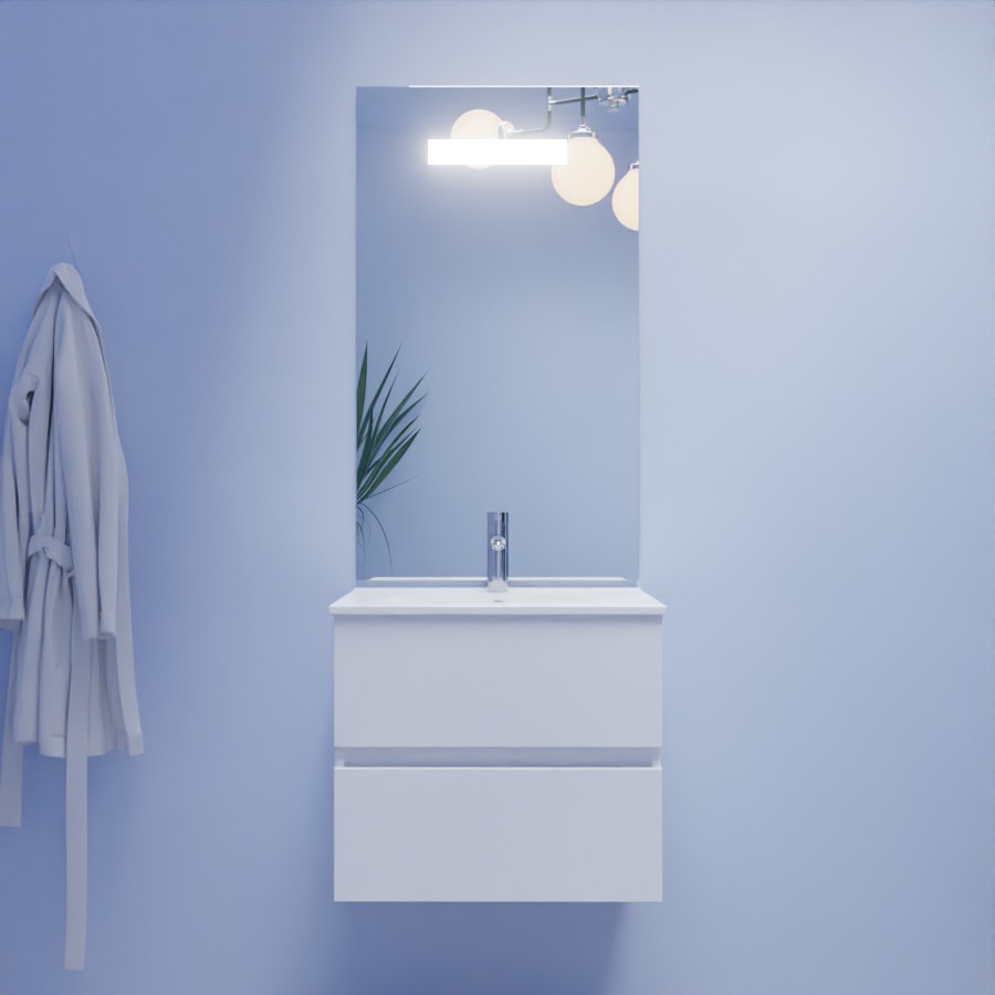 Ensemble meuble salle de bain Rosaly blanc 60 cm avec plan vasque en céramique miroir LED élégance grande hauteur