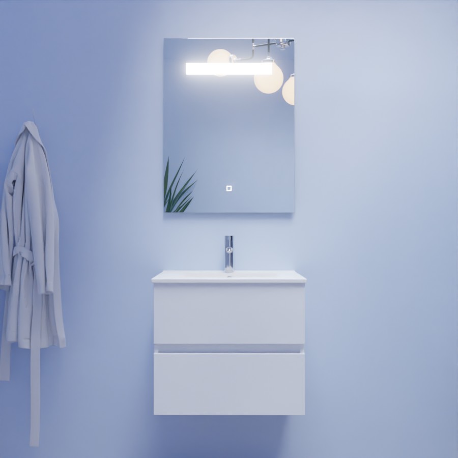 Ensemble meuble salle de bain simple vasque Rosaly blanc 60 cm avec plan vasque en céramique miroir LED élégance 