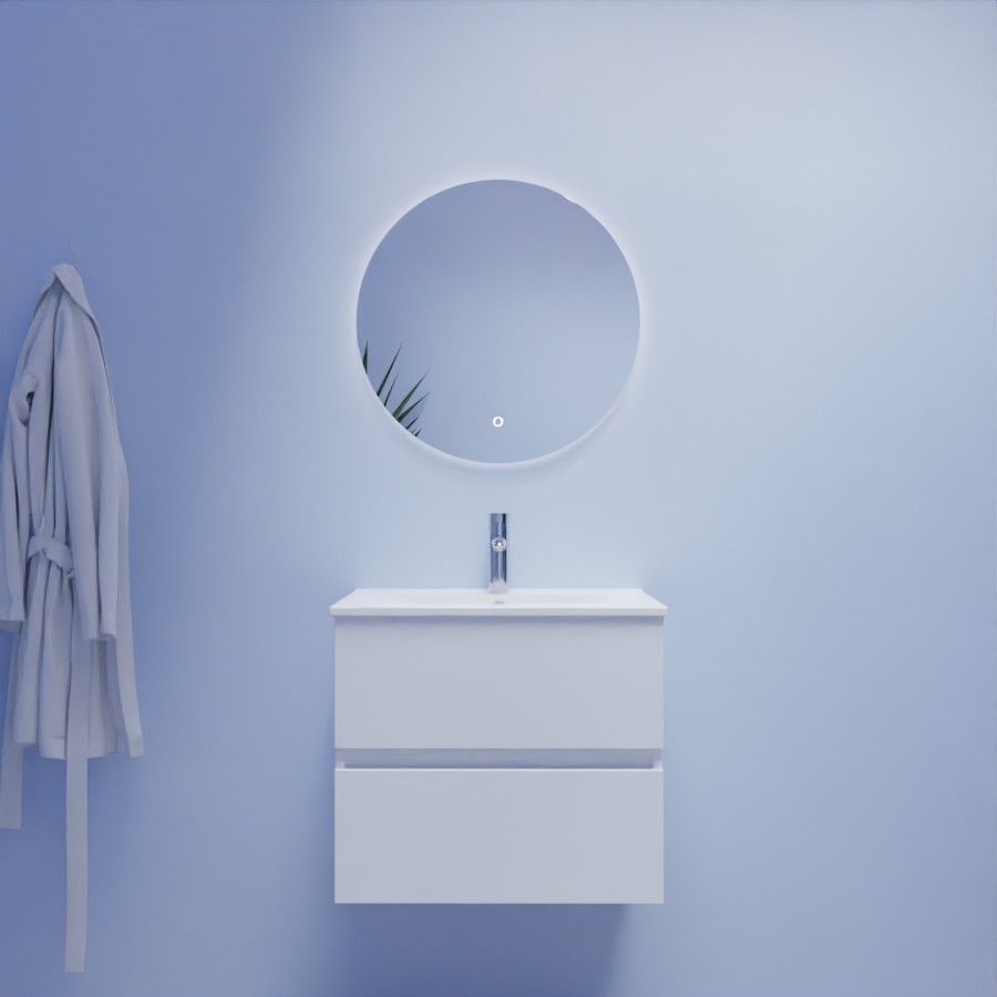 Ensemble meuble salle de bain Rosaly blanc 60 cm avec plan vasque en céramique et miroir LED rond fazzio 