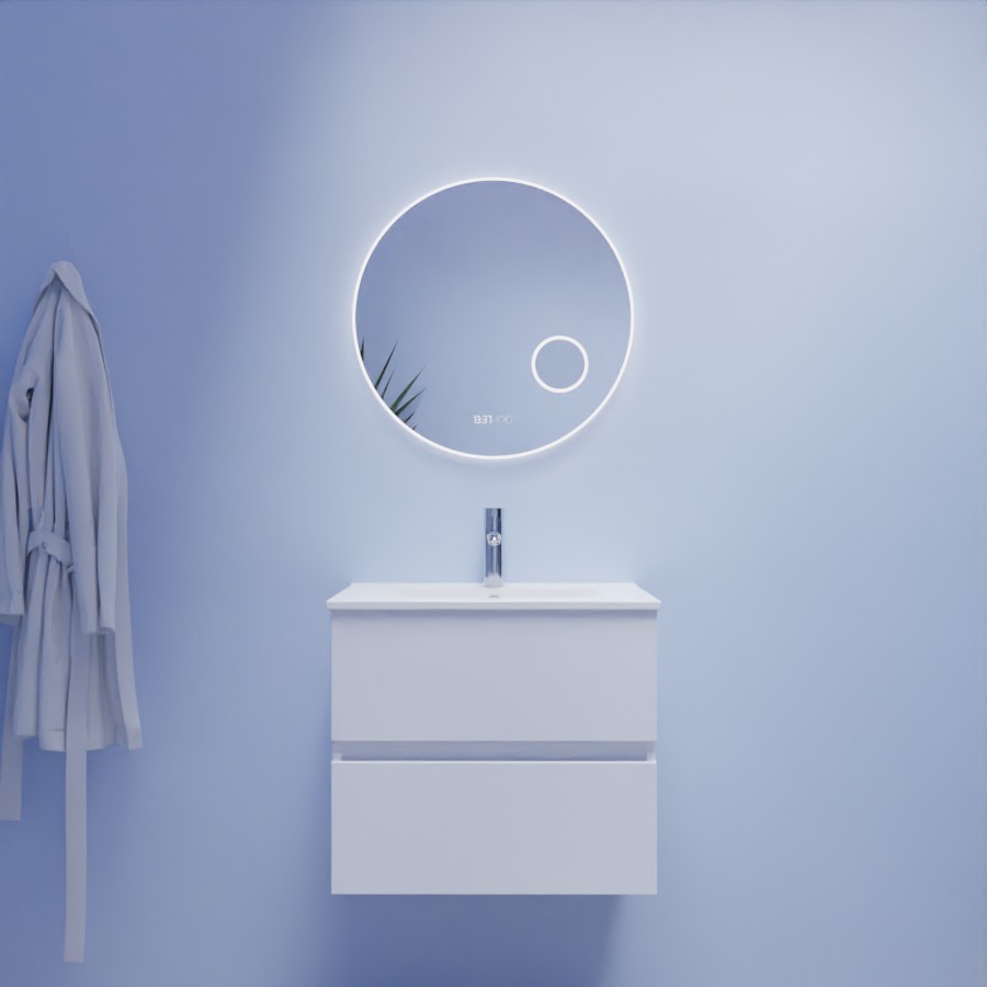 Ensemble meuble salle de bain Rosaly blanc 60 cm avec plan vasque en céramique miroir LED rondinara 
