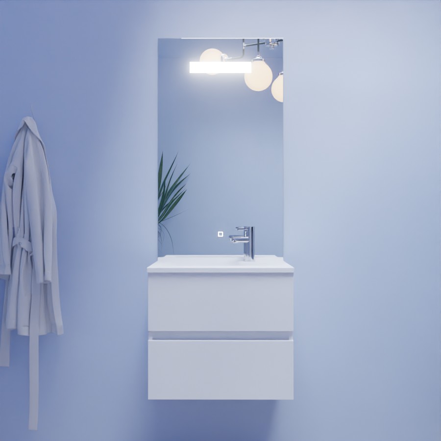 Ensemble meuble salle de bain Rosaly blanc 60 cm avec plan vasque en résine miroir LED élégance grande hauteur